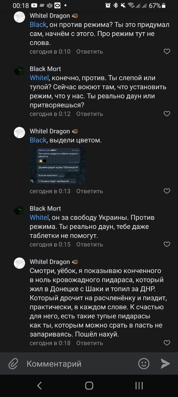 📋 ВКонтакте комментарии (00:18): Whitel Dragon 🐉 → Black: «он против режима? Ты это придумал сам, начнём с этого.»; Black Mort: «Ты слепой или тупой? Ты реально даун или притворяешься?»; Whitel Dragon: «Black, выдели цветом.»; Black Mort: «он за свободу Украины. Ты реально даун, тебе даже таблетки не помогут.»; Whitel Dragon: «Смотри, ёбок, я показываю конченного в ноль кровожадного пидараса, который жил в Донецке с Шаки и топил за ДНР. Который дрочит на расчленёнку и пиздит, практически, в каждом слове. К счастью для него, есть такие тупые пидарасы как ты, которым можно срать в пасть не запариваясь. Пошёл нахуй.» 0:18