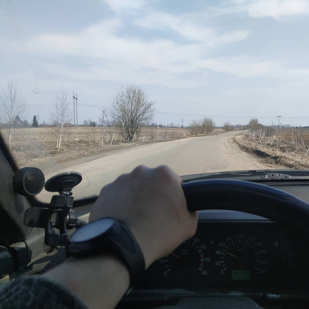 Вид из машины (Жигули) через лобовое стекло: руки в тёмном рукаве на старом чёрном руле; на рулевой колонке слева — навигатор на присоске; впереди — прямая весенняя сельская дорога среди голых деревьев и бурых полей; облачное небо