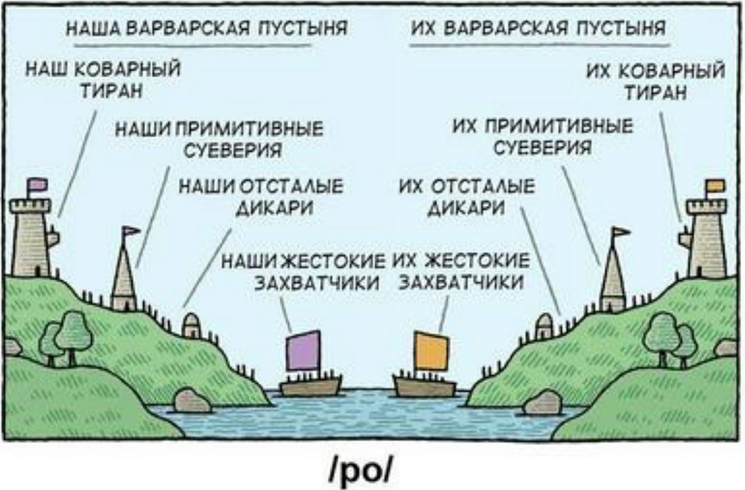 🖼️ Тот же комикс подробнее: «НАША ВАРВАРСКАЯ ПУСТЫНЯ» / «ИХ ВАРВАРСКАЯ ПУСТЫНЯ»; лодки с флагами плывут по реке между двумя замками; надписи: «НАШ КОВАРНЫЙ ТИРАН», «НАШИ ПРИМИТИВНЫЕ СУЕВЕРИЯ», «НАШИ ОТСТАЛЫЕ ДИКАРИ», «НАШИ ЖЕСТОКИЕ ЗАХВАТЧИКИ» — симметрично с обеих сторон.