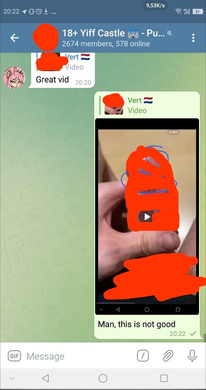 📋 Telegram (мобильный). Группа «18+ Yiff Castle 🐾», 2674 members, 578 online. Vert 🇳🇱: «Great vid» 20:20. Vert 🇳🇱: видео (содержимое закрашено красным). Подпись: «Man, this is not good» 20:22.