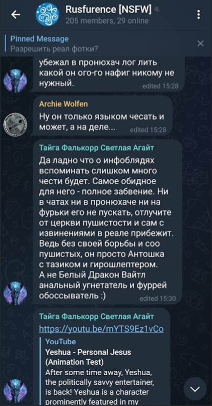 📋 Telegram «Rusfurence [NSFW]»: Archie Wolfen: «Ну он только языком чесать и может, а на деле...» (15:28); Тайга Фалькорр: «Да ладно что о инфоблядах вспоминать... Ни в чатах ни в пронюхаче ни на фурьке его не пускать, отлучите от церкви пушистости... он просто Антошка с тазиком и гирошлептером. А не Белый Дракон Вайтл анальный угнетатель и фуррей обоссыватель :)» (15:30, edited) + YouTube: «Yeshua - Personal Jesus».