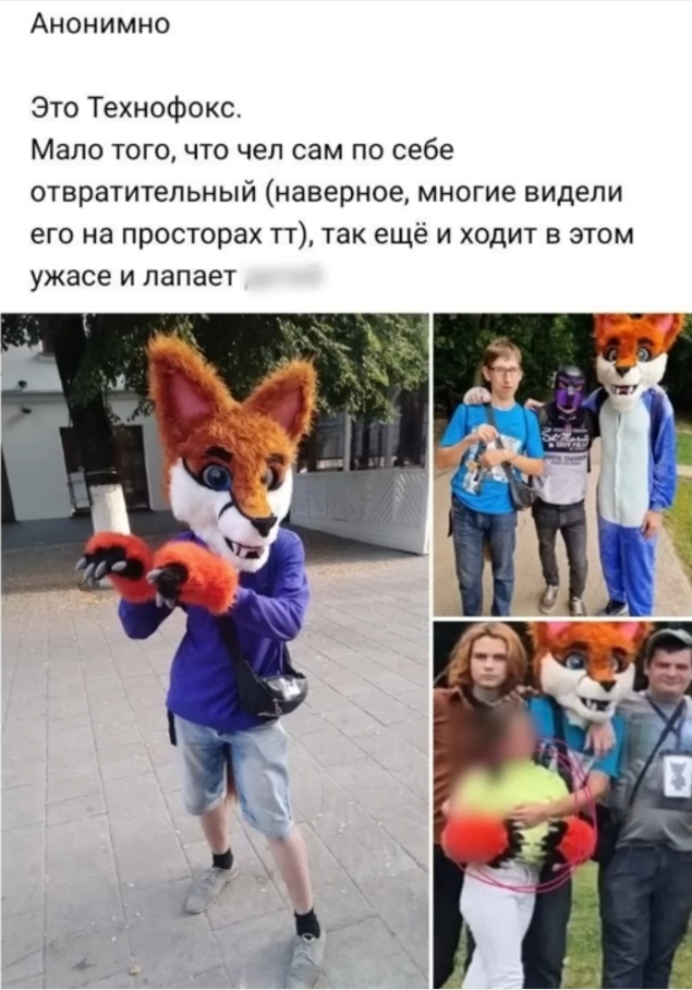 📋 Анонимное сообщение: «Это Технофокс. Мало того, что чел сам по себе отвратительный (наверное, многие видели его на просторах тт), так ещё и ходит в этом ужасе и лапает [закрашено]» — 4 фотографии: фурсьют оранжевой лисы в джинсовом жилете; трое на прогулке — один с синим фурсьютом; человек с розовым фурсьютом.