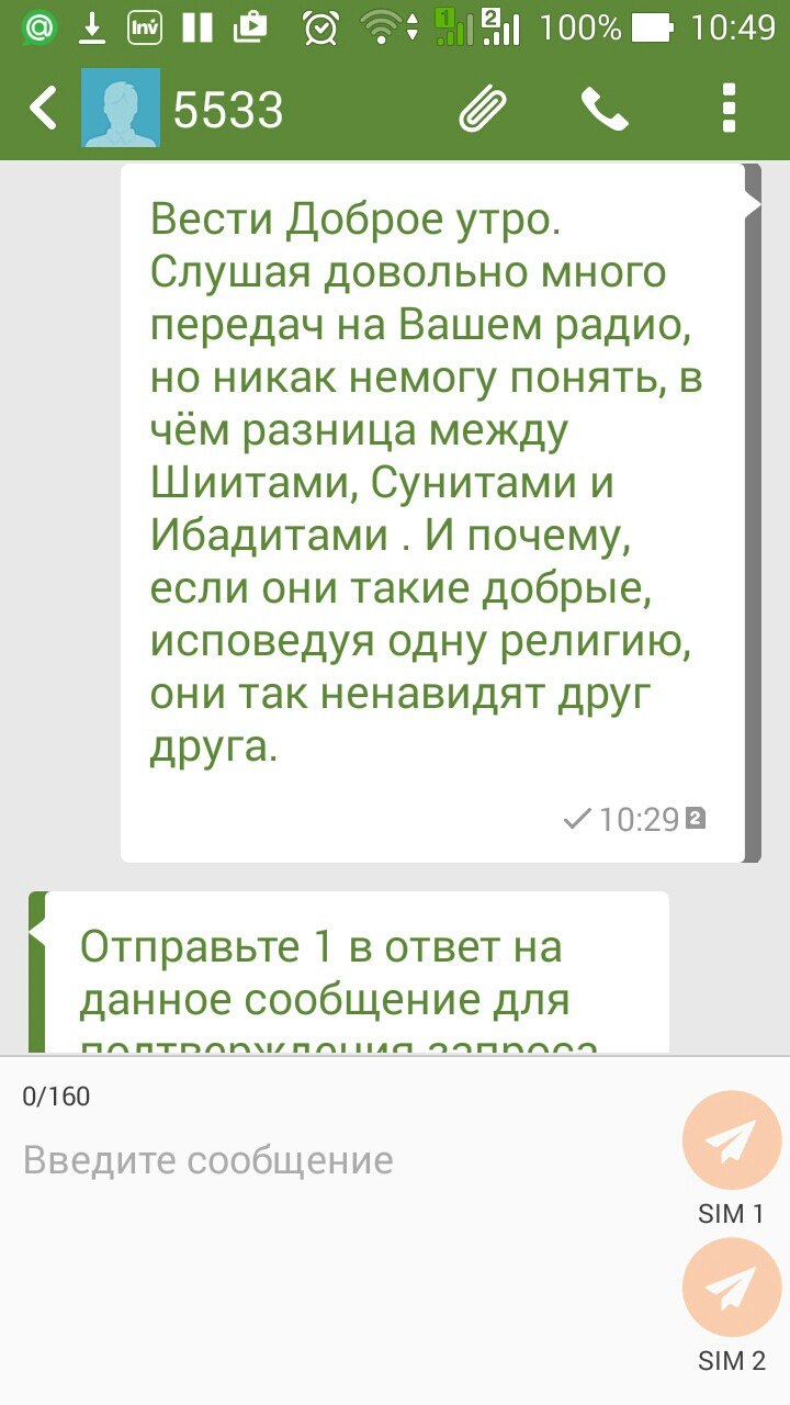 Скриншот SMS-переписки с номером 5533 (радио «Вести FM»): исходящее сообщение «в чём разница между Шиитами, Сунитами и Ибадитами — и почему, если они такие добрые, исповедуя одну религию, они так ненавидят друг друга»; ответ — автоматическое «Отправьте 1 для подтверждения запроса»
