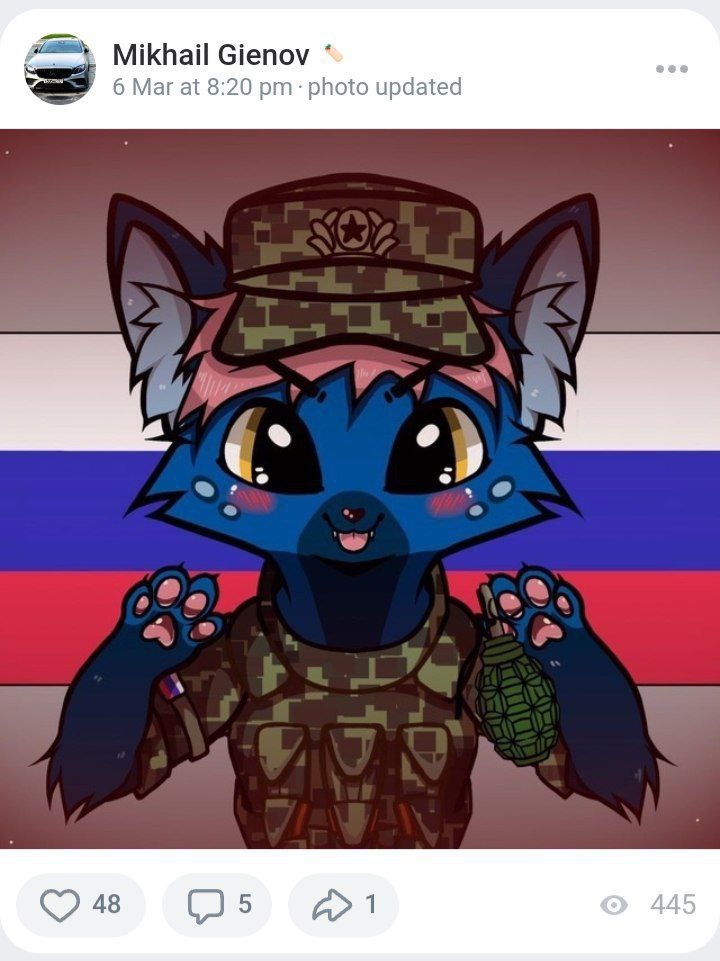 📋 ВКонтакте «Mikhail Gienov 🌻» (6 Mar at 8:20 pm): аватар обновлён — синяя антропоморфная кошка-солдат в камуфляже с российским флагом и гранатой; 48 👍, 445 просмотров.
