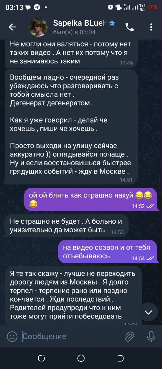 📋 Telegram-переписка «Sapelka BLue ★»: «Не могли они валяться — потому нет таких видео. Дегенерат дегенератом. Просто выходи на улицу сейчас аккуратно )) оглядывайся почаще. Жди последствий. Родителей предупреди что к ним тоже могут прийти побеседовать» (03:13).
