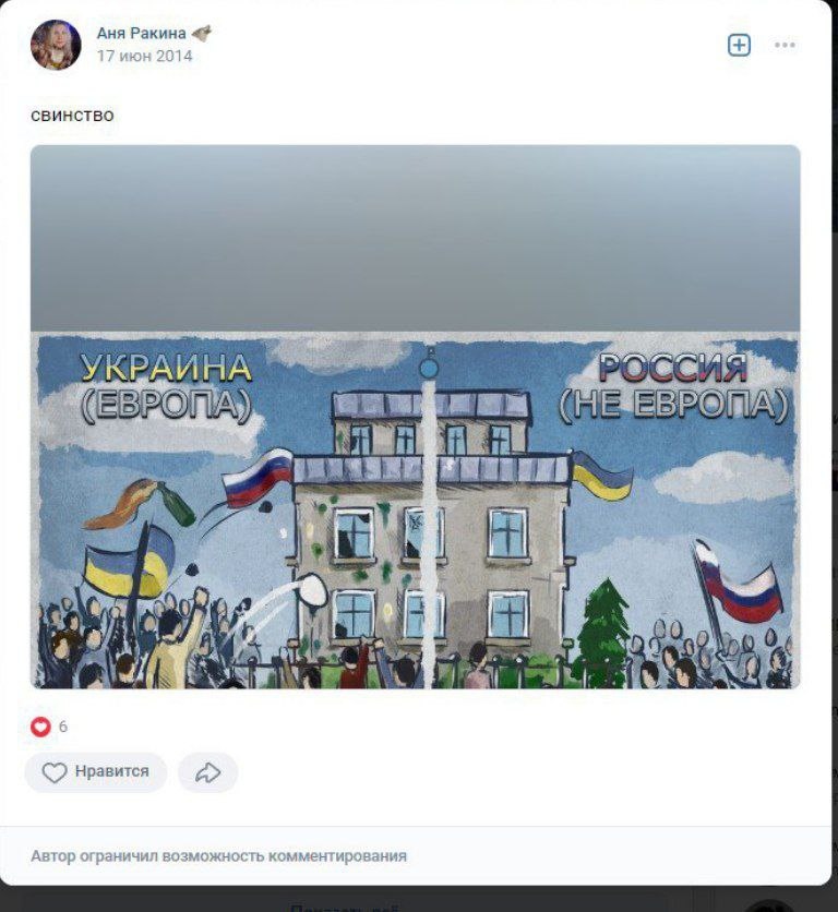 📋 ВКонтакте, пост «Аня Ракина 🎤» (17 июня 2014): «свинство»; рисунок — дом разделён: «УКРАИНА (ЕВРОПА)» с украинскими флагами vs «РОССИЯ (НЕ ЕВРОПА)» с российскими флагами; 6 лайков.