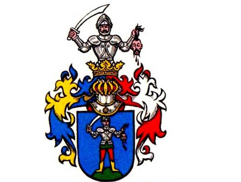 🖼️ Герб: рыцарь в доспехах с мечом и отрубленной головой над геральдическим щитом (синее поле, воин); золотая корона, синие/красные/жёлтые геральдические завитки.