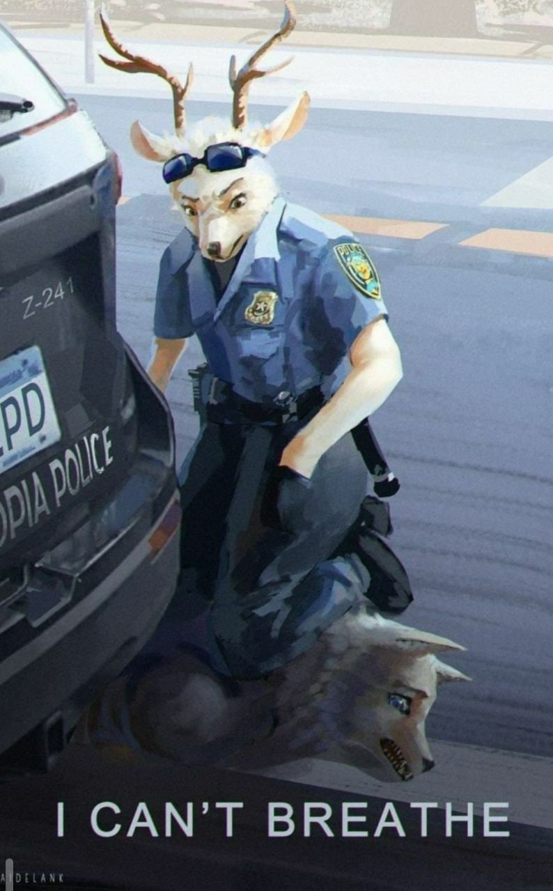 Арт @DELANK: антропоморфный олень в форме ZOOTOPIA POLICE придавливает коленом лисицу к земле у полицейской машины Z-24; подпись «I CAN'T BREATHE»
