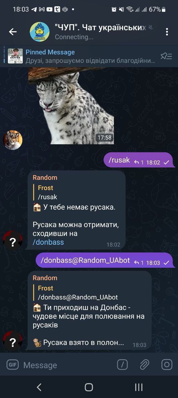 📋 Telegram чат «ЧУП. Чат українських...» (18:03, Connecting, 67%): Pinned Message: «Друзі, запрошуємо відвідати благодійни...». Frost: «/rusak»; Random [ответ]: «У тебе немає русака. Русака отримати, сходивши на /donbass»; /donbass@Random_UABot ↑1 18:02; Random [ответ]: «Ти приходиш на Донбас — чудове місце для полювання на русаків»; 🐇 Русака взято в полон... 18:03.