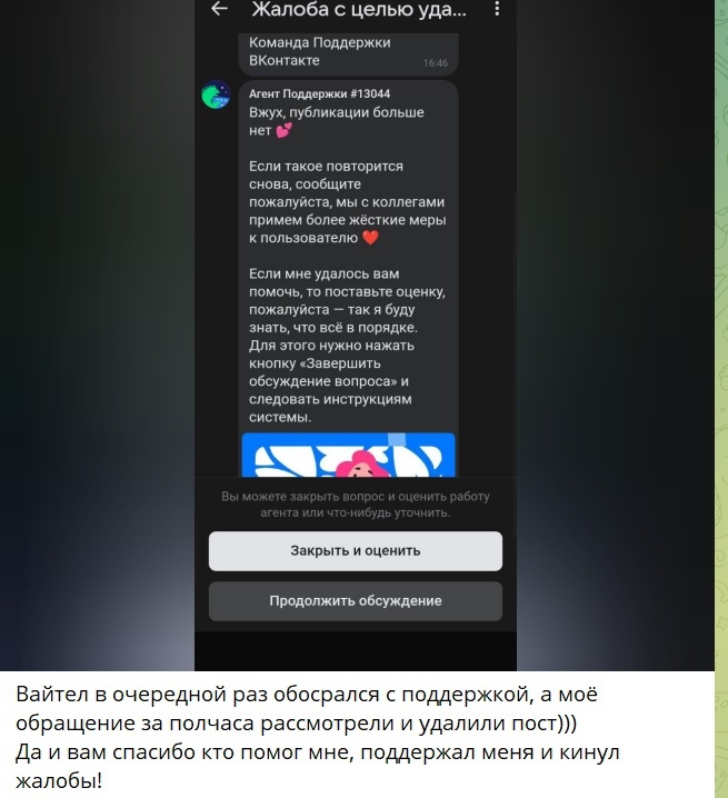 📋 ВКонтакте, ответ поддержки: «Вжух, публикации больше нет 💕»; подпись снизу: «Вайтел в очередной раз обосрался с поддержкой...».