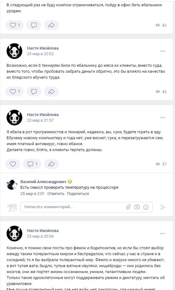 📋 ВКонтакте, несколько постов Насти Ивойловой (23 мар): «В следующий раз не буду компом ограничиваться, пойду в офис бить ебальники уродам»; «Возможно, если б технарям били по ебальнику до мяса их клиенты, вместо суда, это бы влияло на качество их блядского ебучего труда» (ответ Василий Александрович: «Есть смысл проверить температуру на процессоре»); «Я ебала в рот программистов и технарей, надеюсь, вы, суки, будете гореть в аду. Ебучему новому компьютеру и года нет, уже виснет»; «если бы стоял выбор между таким толерантным миром и беспределом, то я бы выбрала толерантный мир. Фемло и жирухи никого не убивают, а вот тупая вата, быдло, путинские ватные овуляхи, нищеброды — они родились без мозгов, они же портят жизнь...»