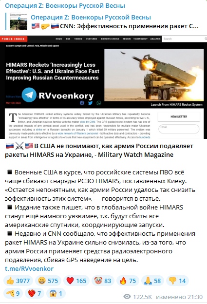 📋 Telegram RVvoenkory «Операция Z: Военкоры Русской Весны»: заголовок статьи Military Watch Magazine — «HIMARS Rockets Increasingly Less Effective: U.S. and Ukraine Face Fast Improving Russian Countermeasures»; текст: «Военные США пишут, что российские системы ПВО всё чаще сбивают снаряды РСЗО HIMARS... «Остаётся непонятным, как армии России удалось так снизить эффективность этих систем»... Издание также пишет, что в глобальной войне HIMARS станут ещё наименее уязвимее... В недавно и CNN сообщало, что эффективность ракет HIMARS на Украине сильно снизилась, из-за того, что армия России применяет средства радиоэлектронного подавления, сбивая GPS наведение на цель»; 3977 реакций, 122.5К просмотров, 21:30.