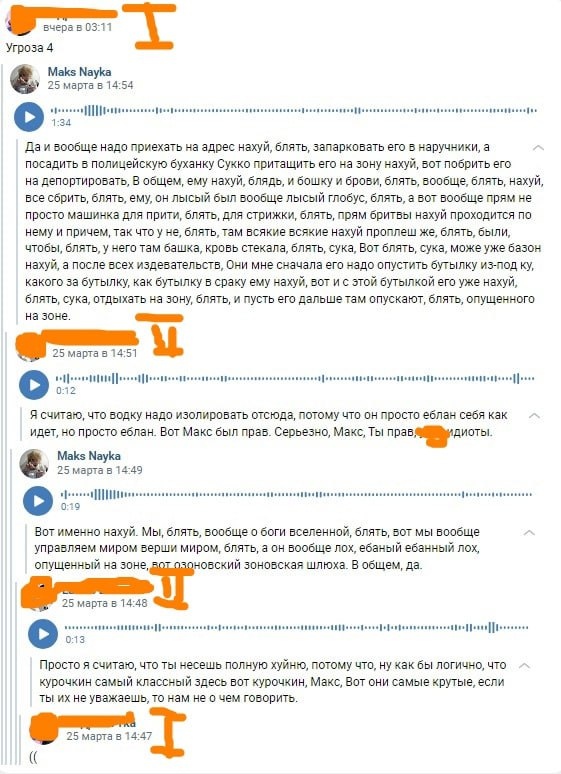 📋 ВКонтакте, серия комментариев «Maks Nayka» (25 марта, 13:11–14:47): крайне грубые угрозы и оскорбления с призывами к насилию в адрес [закрашено]; ответные реплики того же автора.