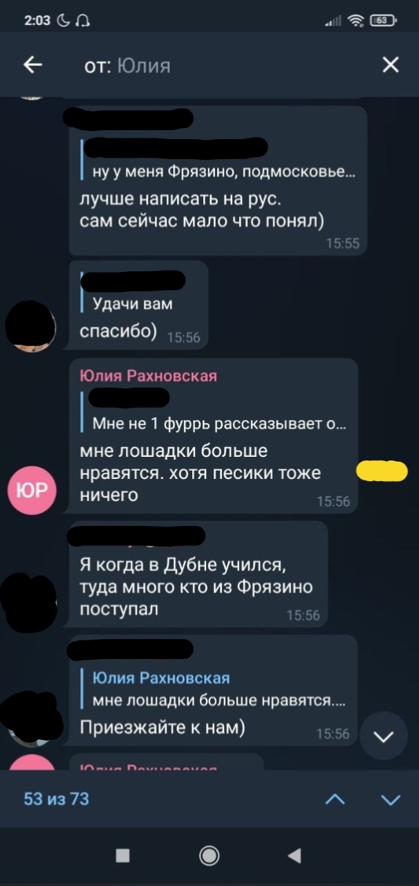 📋 Переписка «ОТ: Юлия»: фурри из Фрязино и Подмосковья, приглашения; счётчик 53 из 73.