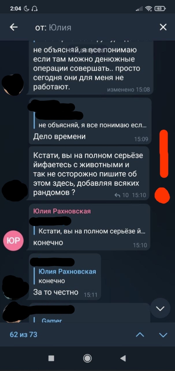 📋 Переписка «ОТ: Юлия» (2:04): финансовые операции, обсуждение животных; счётчик 62 из 73.