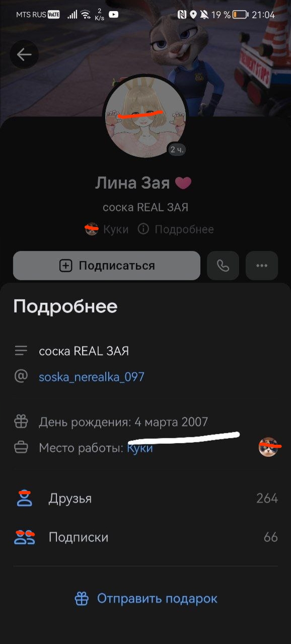 📋 ВКонтакте (скриншот с телефона, 21:04), профиль «Лина Зая 🩷»: ник «соска REAL ЗАЯ», @soska_nerealka_097, день рождения: 4 марта 2007, место работы: Куки; аватарка (лицо закрашено); 264 друга, 66 подписок.