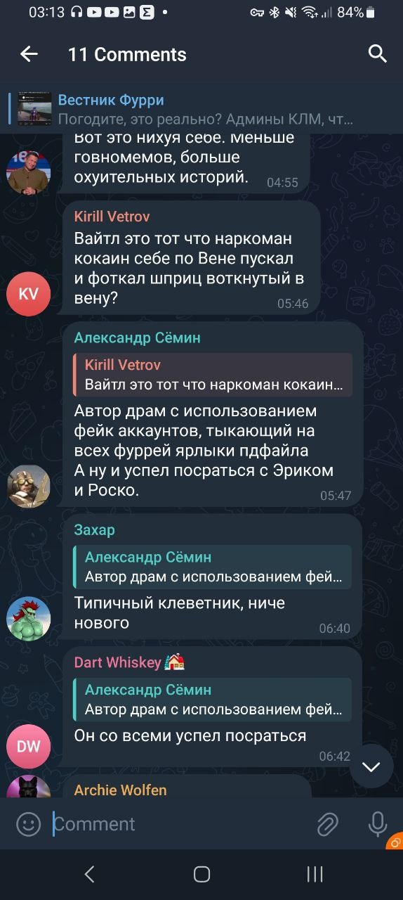 📋 Telegram, ветка комментариев (11 Comments): «Kirill Vetrov»: «Вайтл это тот что наркоман кокаин себе по Вене пускал и фоткал шприц воткнутый в вену?»; «Александр Сёмин»: «Автор драм с использованием фейк аккаунтов, тыкающий на всех фуррей ярлыки пдфайла»; «Захар»: «Типичный клеветник, ниче нового».