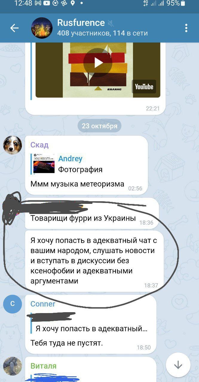 📋 Telegram Rusfurence 408 участников, 114 в сети (12:48): Скад: «Andrey — Фотография — Ммм музыка метеоризма» 02:56; [отправитель]: «Товарищи фурри из Украины» 18:36; «Я хочу попасть в адекватный чат с вашим народом, слушать новости и вступать в дискуссии без ксенофобии и адекватными аргументами» 18:37; Conner: «Я хочу попасть в адекватный...» / «Тебя туда не пустят.» 18:50.
