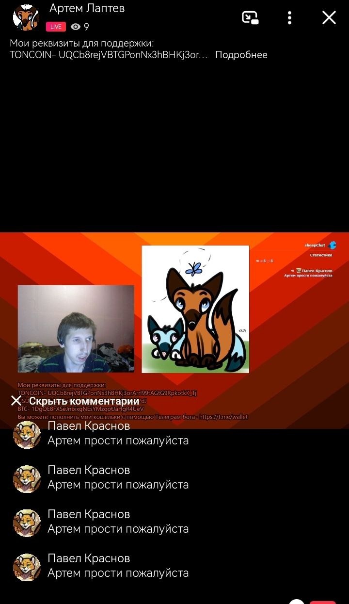 📋 Скриншот стрима «Артем Лаптев» LIVE ВКонтакте; в чате пользователь «Павел Краснов» несколько раз подряд пишет «Артем прости пожалуйста».