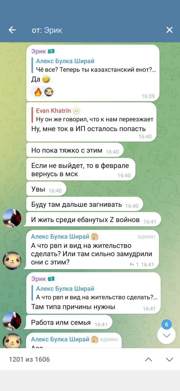 📋 Telegram «от: Эрик»: «Алекс Булка Ширай»: «Чё все? Теперь ты казахстанский енот?»; «Эрик»: «Буду там дальше загнивать / И жить среди ебанутых Z войнов» (16:41); 1201 из 1606.