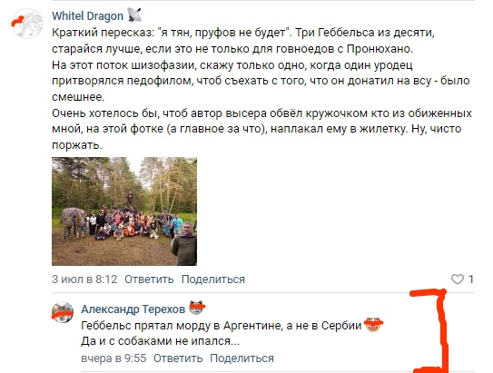 📋 ВКонтакте комментарии: «Whitel Dragon» (3 июл в 8:12, 1 лайк) — «Краткий пересказ: я тян, пруфов не будет. Три Геббельса из десяти, старайся лучше, если это не только для говноедов с Пронюхано. На этот поток шизофазии, скажу только одно, когда один уродец притворялся педофилом, чтоб съехать с того, что он донатил на всу — было смешнее. Очень хотелось бы, чтоб автор высера обвёл кружочком кто из обиженных мной, на этой фотке (а главное за что), наплакал ему в жилетку. Ну, чисто поржать.» (вложена фотография группы людей в лесу); «Александр Терехов» (вчера в 9:55) — «Геббельс прятал морду в Аргентине, а не в Сербии 🐺 Да и с собаками не ипался...»; красная стрелка вниз.