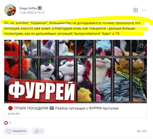 📋 ВКонтакте, пост Drago Drifter (7 сен, 18:12): «Оп, оп, контент подъехал» с изображением «ФУРРЕЙ ТРОИХ ПОСАДИЛИ — Разбор ситуации с ФУРРИ прогулки» на YouTube; 3 лайка, 1 репост, 225 просмотров.
