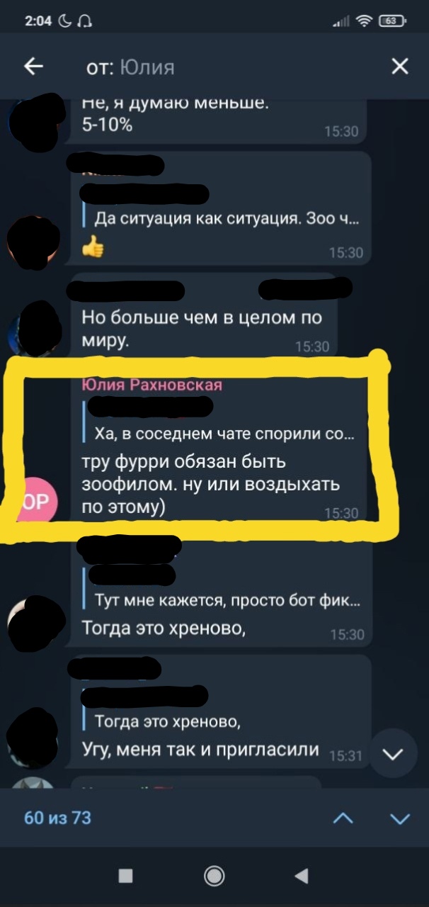 📋 Переписка «ОТ: Юлия» (2:04): предупреждения о зоофилии (выделено красным); счётчик 60 из 73.