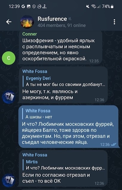 📋 Telegram-группа Rusfurence (404 участника, 91 онлайн), 12:35–12:36: Conner «Шизофрения — удобный ярлык»; White Fossa цитирует ответ Mirtis «Если по согласию отрезал и съел — то всё ОК» — про яйцереза Балто.