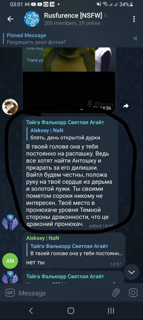 📋 Telegram Rusfurence [NSFW] 205 members, 29 online (03:01): Тайга Фалькорр Светлая Агайт ← Aleksey | NaN «блять, день открытой дурки»: «В твоей голове она у тебя постоянно на распашку. Ведь все хотят найти Антошку и пркарать за его дилишки. Вайтл будем честны, положа руку на твоё сердце из дерьма и золотой лужи. Ты своими пометом сороки никому не интересен. Твоё место в пронюхаче уровня Тёмной стороны драконности, что со дракоий пронюхач.» edited 14:56; Aleksey | NaN «нет ты» 14:57