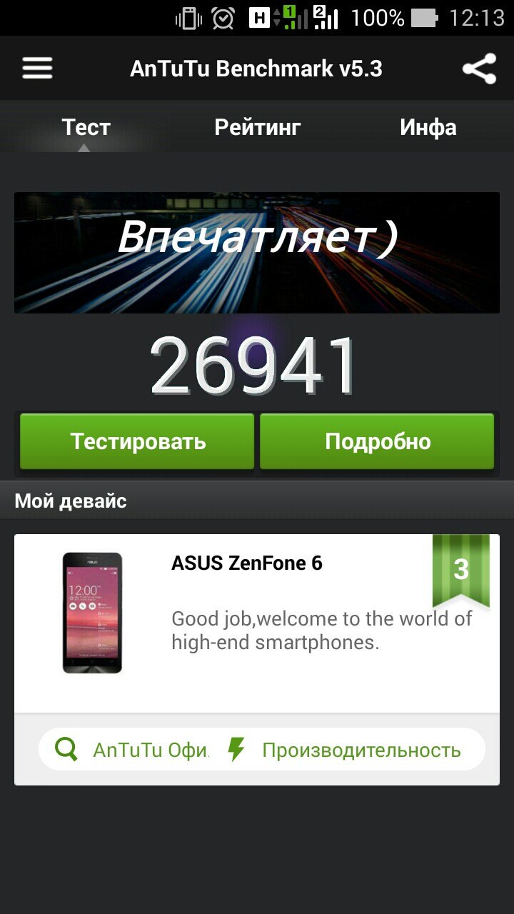 AnTuTu Benchmark v5.3 (Android, 12:13, 100%): результат 26941, надпись «Впечатляет)»; устройство ASUS ZenFone 6 — «Good job, welcome to the world of high-end smartphones», рейтинг 3
