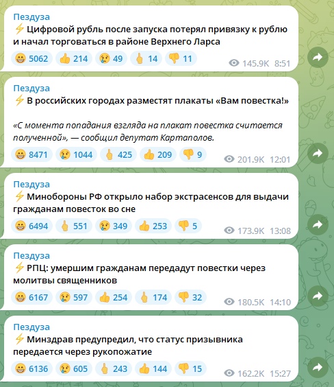 📋 Telegram «Пездуза» — сатирические посты: «⚡ В российских городах разместят плакаты «Вам повестка!» «С момента попадания взгляда на плакат повестка считается полученной», — сообщил депутат Карталолов.» 8471 👍; «⚡ Минобороны РФ открыло набор экстрасенсов для выдачи гражданам повесток во сне.» 6494 👍; «⚡ РПЦ: умершим гражданам передадут повестки через молитвы священников.» 6167 👍; «⚡ Минздрав предупредил, что статус призывника передаётся через рукопожатие.» 6136 👍.