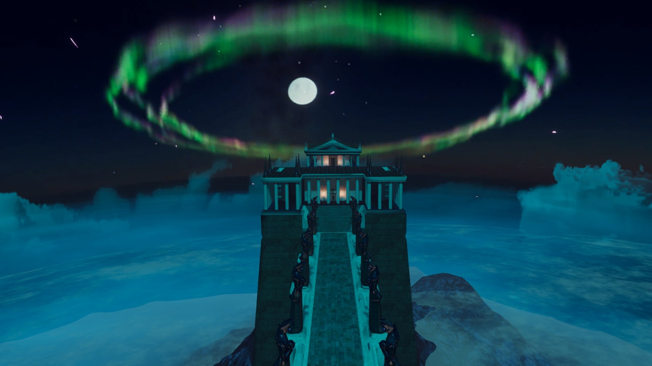 🖼️ 3D-сцена VRChat — античный храм на вершине скалы, окружённый полярным сиянием в форме кольца вокруг луны в ночном небе, мост-пандус ведёт к храму.