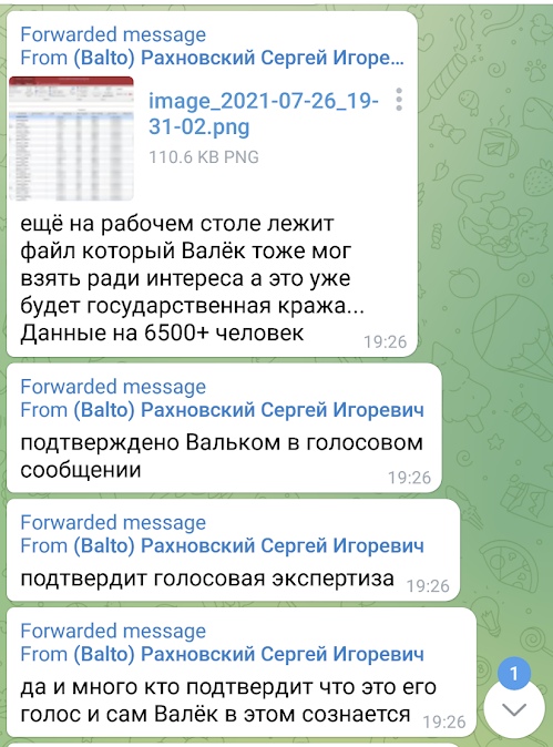 📋 Telegram, Forwarded от (Balto) Рахновский Сергей Игоревич: «ещё на рабочем столе лежит файл... это уже будет государственная кража... Данные на 6500+ человек»