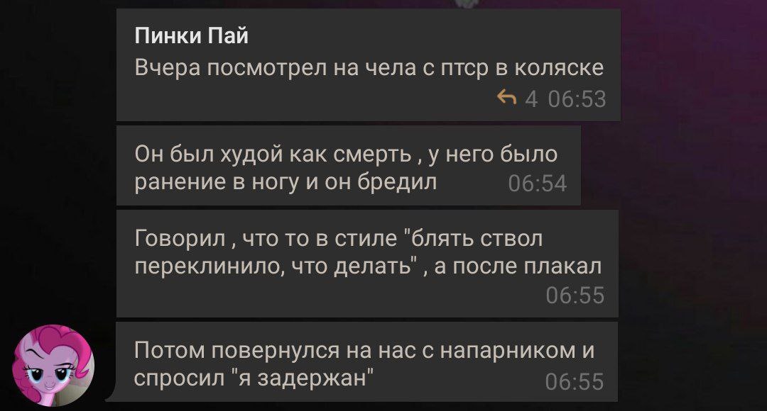 📋 Telegram, «Пинки Пай» (My Little Pony): «Вчера посмотрел на чела с птср в коляске» (06:53) → «Он был худой как смерть, у него было ранение в ногу и он бредил» (06:54) → «Говорил, что то в стиле «блять ствол переклинило, что делать», а после плакал» (06:55) → «Потом повернулся на нас с напарником и спросил «я задержан»» (06:55).