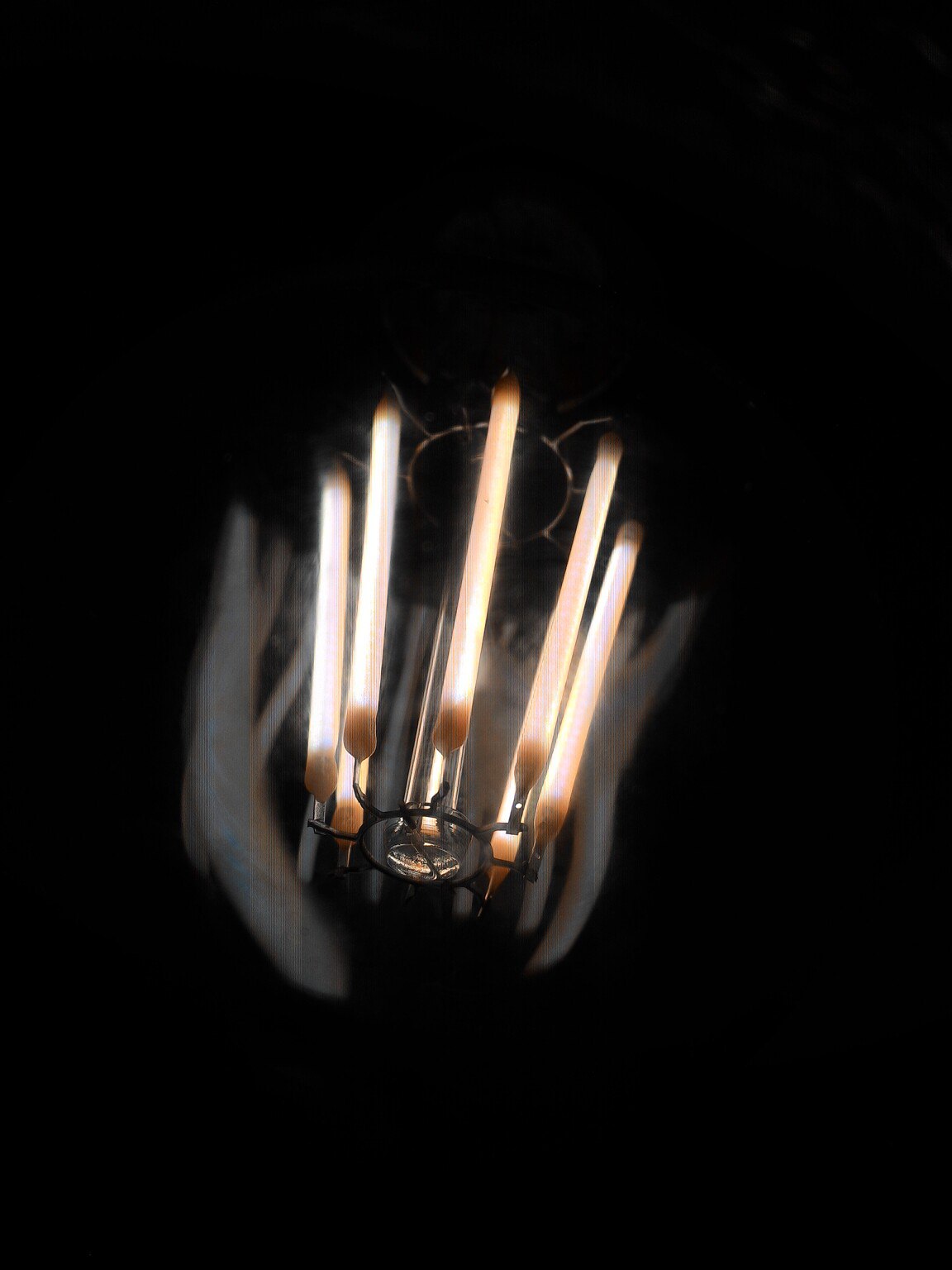 Фото LED-лампы Edison-стиля под углом снизу: яркие LED-нити внутри колбы, немного расфокусировано — нити светятся тёплым белым светом, лепестковое расположение; чёрный фон
