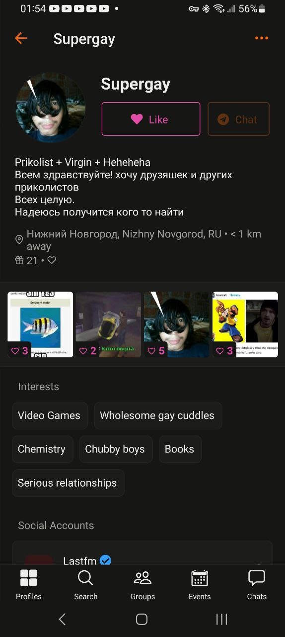 📋 Приложение знакомств, профиль «Supergay» (01:54): аватар — человек в чёрной маске; «Prikolist + Virgin + Heheheha / Всем здравствуйте! хочу друзяшек и других приколистов / Всех целую. / Надеюсь получится кого то найти»; Нижний Новгород; 21 год; интересы: Video Games, Wholesome gay cuddles, Chemistry, Chubby boys, Books, Serious relationships; Social Accounts: Lastfm.