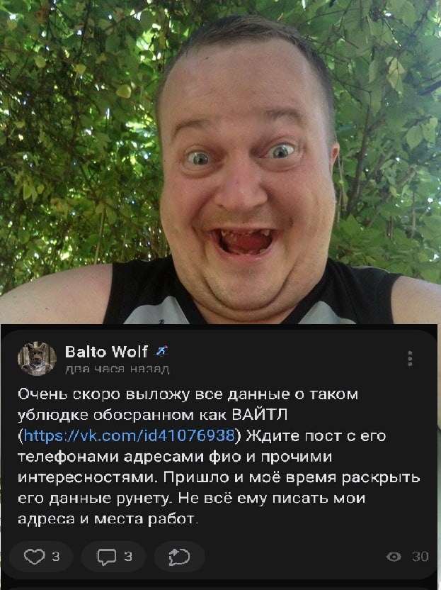 📋 ВКонтакте пост «Balto Wolf»: «Очень скоро выложу все данные о таком ублюдке обосранном как ВАЙТЛ (https://vk.com/id41076938) Ждите пост с его телефонами адресами фио и прочими интересностями. Пришло и моё время раскрыть его данные рунету. Не всё ему писать мои адреса и места работ.» — фото улыбающегося полного мужчины без зубов на фоне зелени; 30 просмотров.