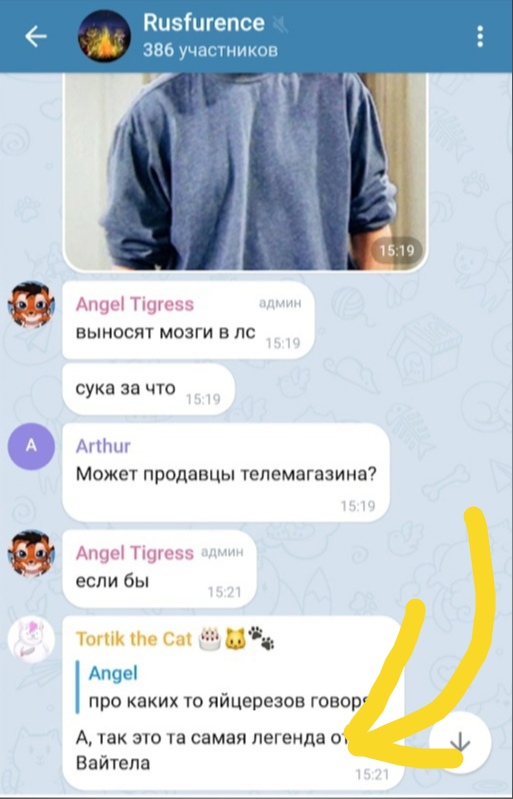 📋 Telegram, чат «Rusfurence» (386 участников), 15:19. Angel Tigress (администратор): «выносят мозги в лс», «сука за что»; Arthur: «Может продавцы телемагазина?»; Angel Tigress: «если бы»; Tortik the Cat (эмодзи кошек) цитирует сообщение Angel про «яйцерезов»: «А, так это та самая легенда о... Вайтела». Жёлтая стрелка указывает на последнее сообщение.