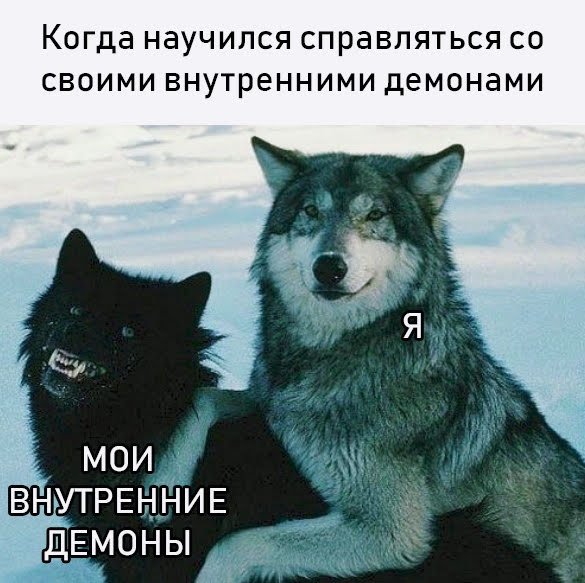 Мем: два волка на снежном пейзаже; тёмный агрессивный волк со скалящимися зубами — подпись «МОИ ВНУТРЕННИЕ ДЕМОНЫ»; крупный серый спокойный волк с довольным видом — подпись «Я»; текст вверху: «Когда научился справляться со своими внутренними демонами»