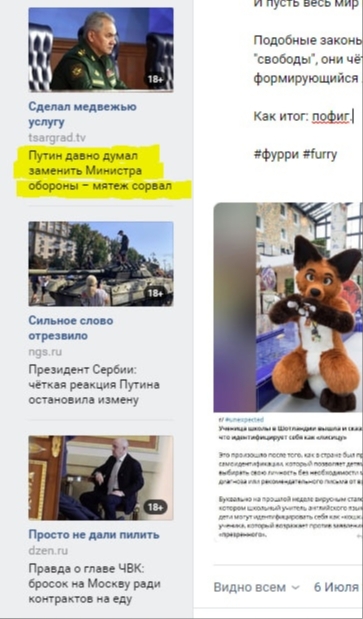 📋 Скриншот ленты ВКонтакте: слева новостные карточки — tsargrad.tv «Путин давно думал заменить Министра обороны — мятеж сорвал» (выделено жёлтым); ngs.ru «Сильное слово отрезвило. Президент Сербии: чёткая реакция Путина остановила измену»; dzen.ru «Просто не дали пилить. Правда о главе ЧВК: бросок на Москву ради контрактов на еду»; справа — пост с фото фурсьюта рыжей лисы в торговом зале, заголовок «Ученица школы в Шотландии вышла и сказала учителям, что идентифицирует себя как «лисицей»»; текст о законе о самоидентификации; «Видно всем ✓ 6 Июля».