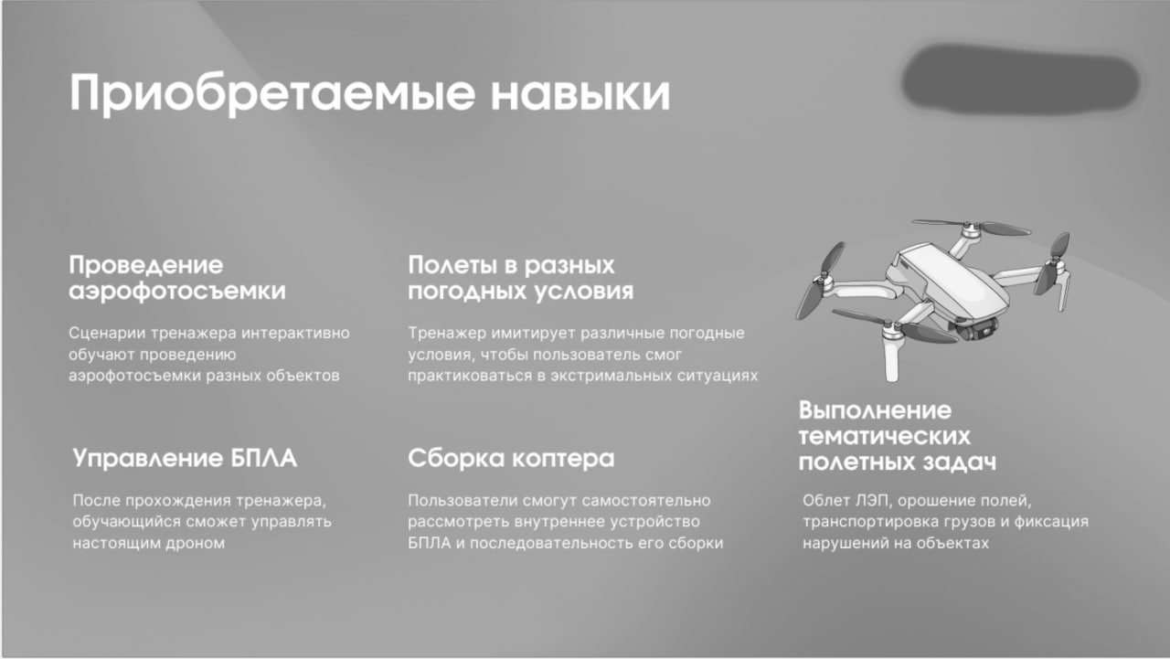 📋 Слайд «Приобретаемые навыки»: Проведение аэрофотосъёмки; Полёты в разных погодных условиях; Управление БПЛА; Сборка коптера; Выполнение тематических полётных задач (облёт ЛЭП, орошение полей, транспортировка грузов, фиксация нарушений).