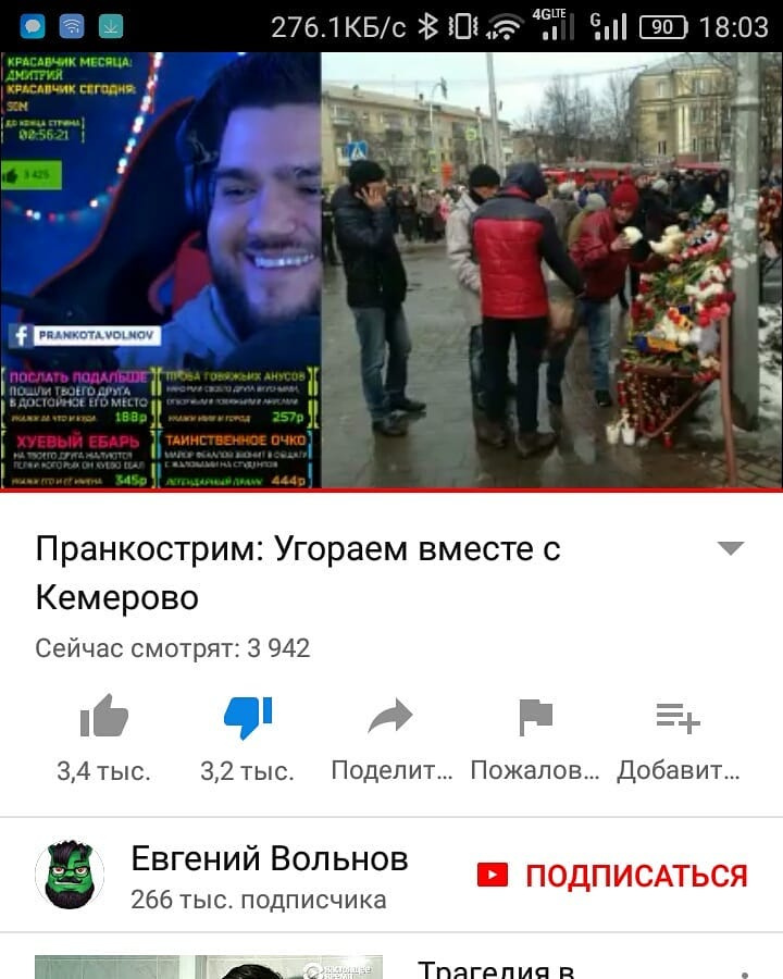 Скриншот телефона, 18:03, сигнал 4G, 90% заряд: YouTube, страница стрима «Пранкостим: Угораем вместе с Кемерово» — на превью мужчина за стримерским столом; канал PRANKOTA VOLNOV / «Евгений Вольнов», 266 тыс. подписчиков, кнопка «ПОДПИСАТЬСЯ»; сейчас смотрят: 3 942; лайков 3,4 тыс, дизлайков 3,2 тыс; ниже — «Трагедия в…»