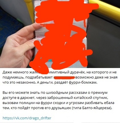 📋 Текст на белом фоне: «Даже немного жалеет [имя скрыто] немотивационный дурачёк, на которого у нас не поддерживается [имя], не добрабатывает [имя], ВОЗМОЖНО ДАЖЕ не знает что это незаконно. А деньги, раздаёт фурри-бомжам. Вы его можете знать по шизоидным рассказам о прижиму доступе в Яндексе, через запрещённый Китайский снутник, вызовом полиции на фурри сходки и угрозами разбить ебало тем, кто ниже [закрашено]. Посмотрите, кто поддаётся против друзьям (типа Балто-Яйцереза).» https://vk.com/drago_drifter
