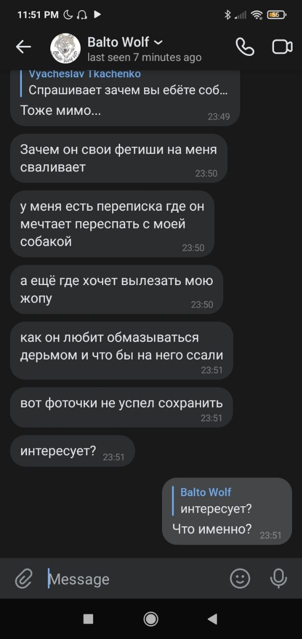 📋 Telegram «Balto Wolf»: собеседник рассказывает что у Балто «есть переписка где он мечтает переспать с моей собакой». Балто отвечает: «интересует? Что именно?»