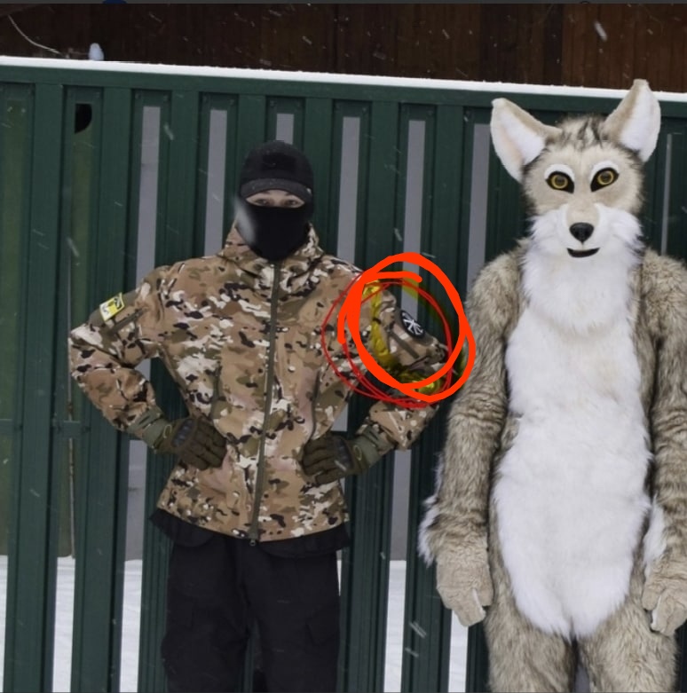 📷 Двое у зелёного забора зимой: мужчина в балаклаве и камуфляже (лицо закрыто), рядом — человек в фурсьюте волка (серо-белый). На груди фурсьюта красным кружком выделен предмет (нож или оружие).