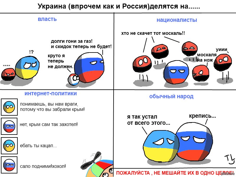 Комикс Countryballs: «Украина (впрочем как и Россия) делятся на...» — 4 секции: власть (долги за газ), националисты («хто не скачет тот москаль!»), интернет-политики (спор о Крыме), обычный народ («я так устал от всего этого... — крепись...»)