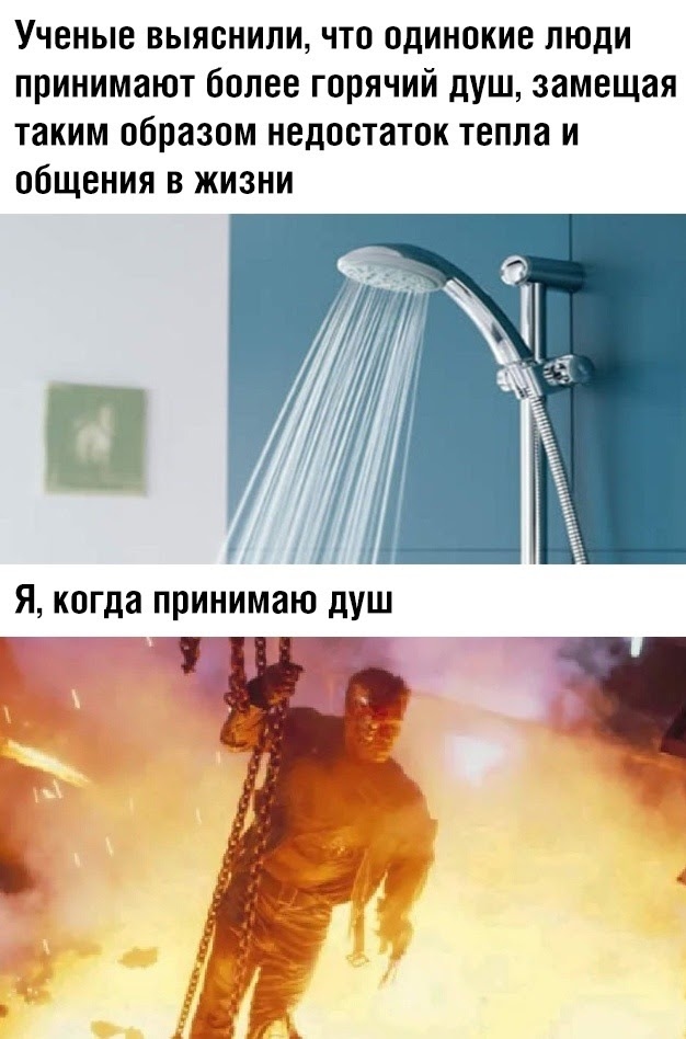 Мем: верхняя часть — фото душа с текстом «Учёные выяснили, что одинокие люди принимают более горячий душ, замещая таким образом недостаток тепла и общения в жизни»; нижняя часть — Терминатор в огне с текстом «Я, когда принимаю душ»