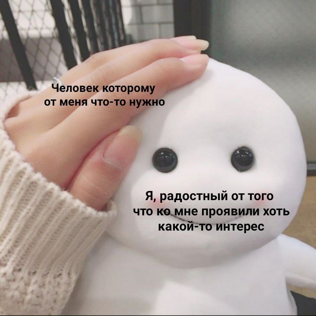 🖼️ Мем: рука гладит белую круглую мягкую игрушку-человечка с чёрными глазами. Подписи: «Человек которому от меня что-то нужно» (рука) и «Я, радостный от того что ко мне проявили хоть какой-то интерес» (игрушка).
