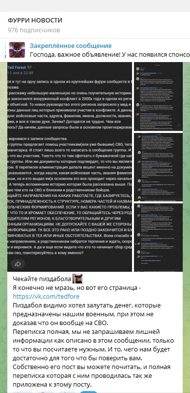 📋 Telegram «ФУРРИ НОВОСТИ» (976 подписчиков), переписка: пост «Ted Forest» с обвинениями в адрес блогера; ответ «ФУРРИ НОВОСТИ»: «Я конечно не мразь, но вот его страница — https://vk.com/tedforc. Пиздабол видимо хотел залутать денег, которые предназначены нашим военным, при этом не доказав что он вообще об СВО...»; закреплённое сообщение «Господа, важное объявление! У нас появился спонсо...».