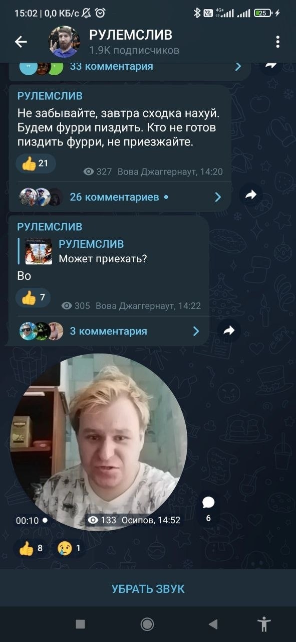 📋 Telegram канал «РУЛЕМСЛИВ» (1.9K подписчиков): «Не забывайте, завтра сходка нахуй. Будем фурри пиздить. Кто не готов фурри пиздить, не приезжайте.» (21 лайк, 327 просмотров, Вова Джаггернаут, 14:20); «Может приехать?» (7 лайков); видео блондина (133 просмотра, Осипов, 14:52).